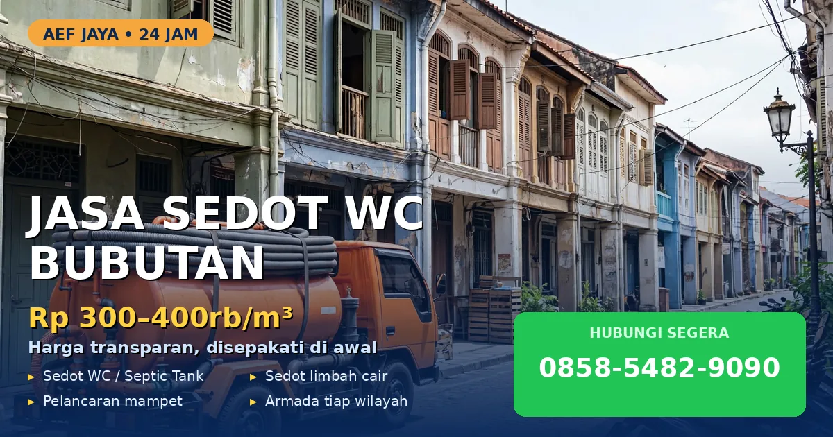 Banner jasa sedot WC Bubutan: truk AEF Jaya di kawasan kota tua, harga Rp 300-400rb per m3, hubungi 0858-5482-9090