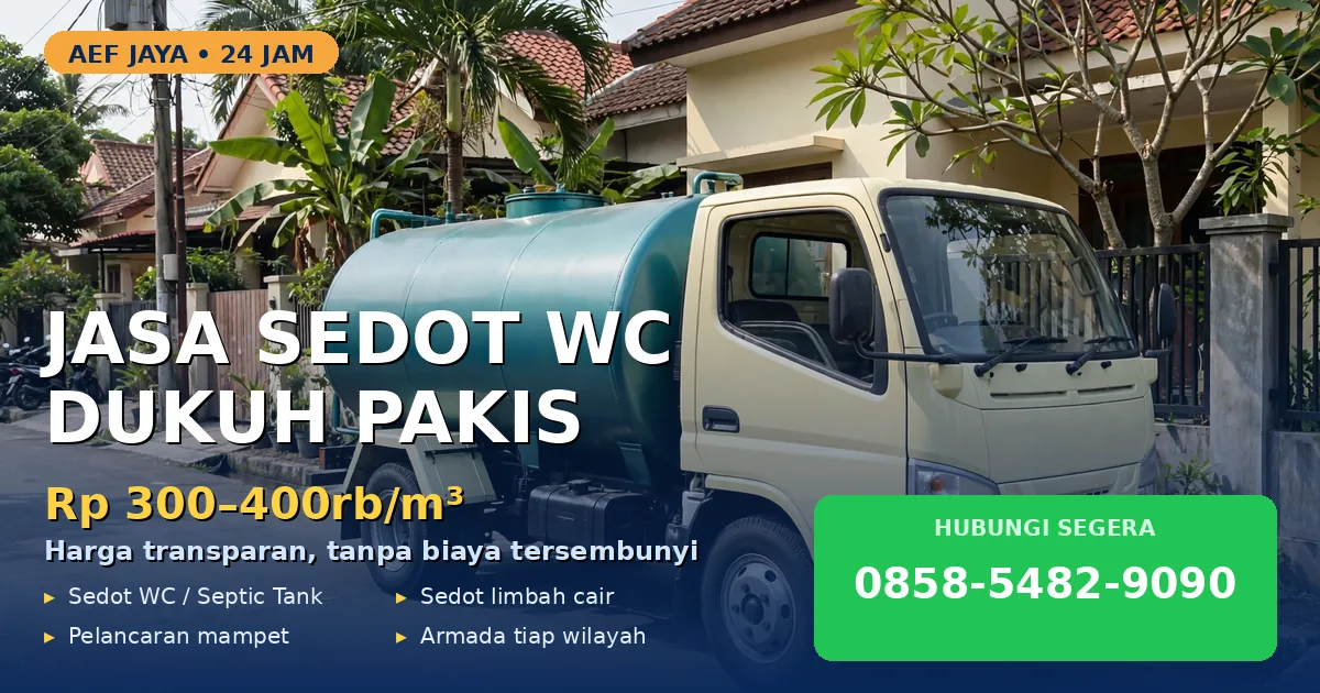 Truk tangki sedot WC AEF Jaya kabin krem dengan tangki teal parkir di gang perumahan Dukuh Pakis Surabaya