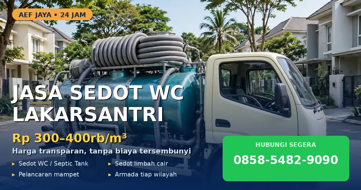 Truk tangki AEF Jaya di kawasan perumahan Lakarsantri Surabaya Barat, kabin krem dan tangki teal, harga Rp 300-400rb per m3