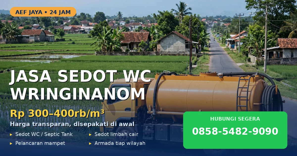 Banner jasa sedot WC Wringinanom: truk AEF Jaya, harga Rp 300-400rb per m3, hubungi 0858-5482-9090