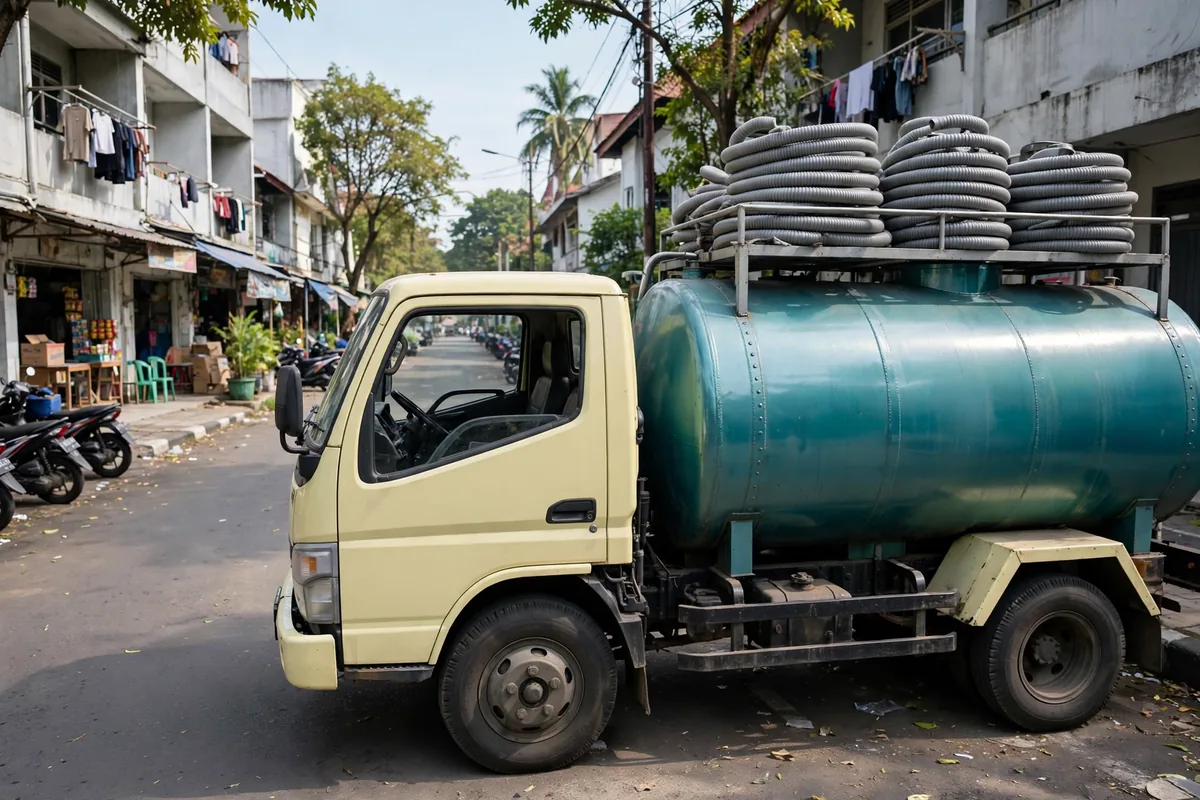 Truk tangki vakum Jasa Sedot WC AEF Jaya parkir di jalan kawasan kos-kosan Sukolilo Surabaya dekat kampus