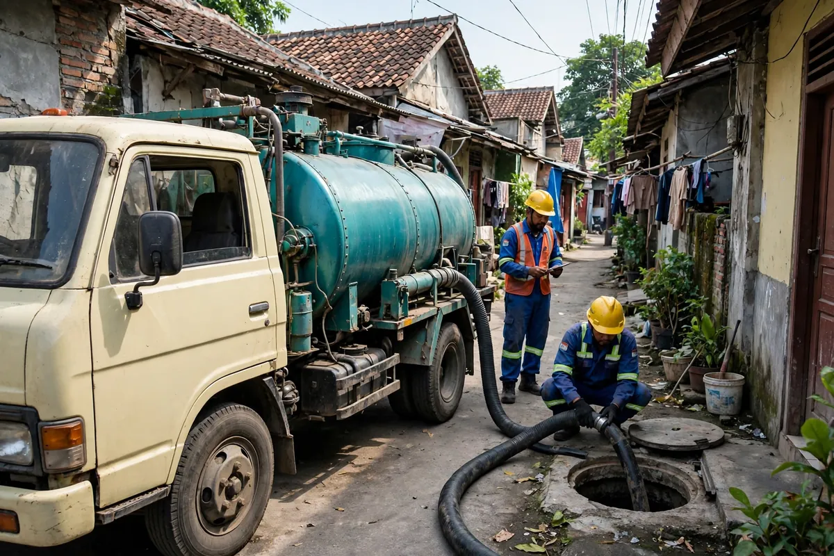 Truk tangki vakum AEF Jaya sedang menyedot septic tank di gang sempit perumahan Tambaksari Surabaya Timur, selang kerja keluar dari belakang tangki